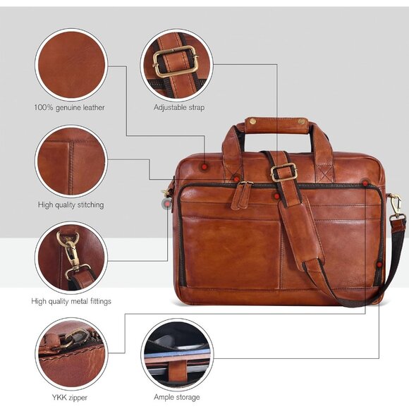 ⚡Men and Women Vintage Tan Oak Leathers Laptop Briefcase Messenger Bag - Picture 7 of 9